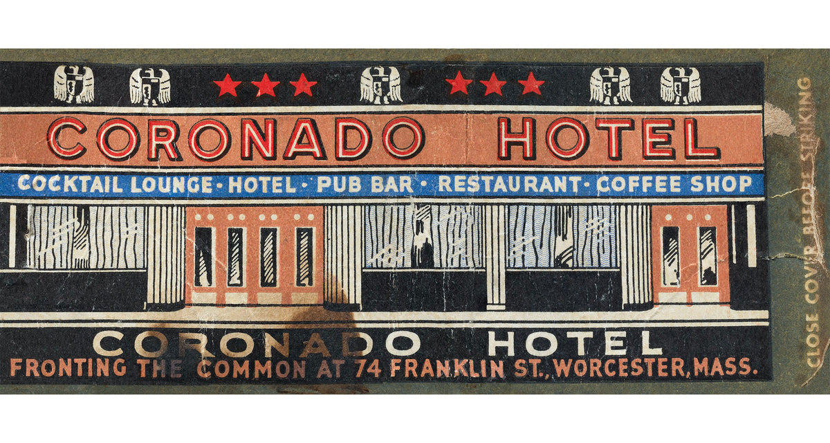 Macro photography detail of weathered ink lines, paper creases, on a vintage Coronado Hotel matchbook cover.