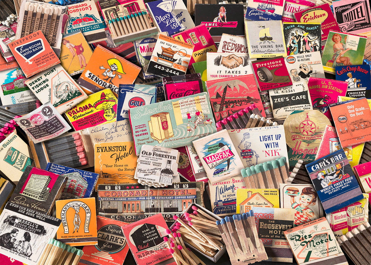 A vibrant, overlapping collage of vintage 1950s American matchbook advertisements, showcasing bold mid-century typography.