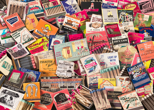 A vibrant, overlapping collage of vintage 1950s American matchbook advertisements, showcasing bold mid-century typography.