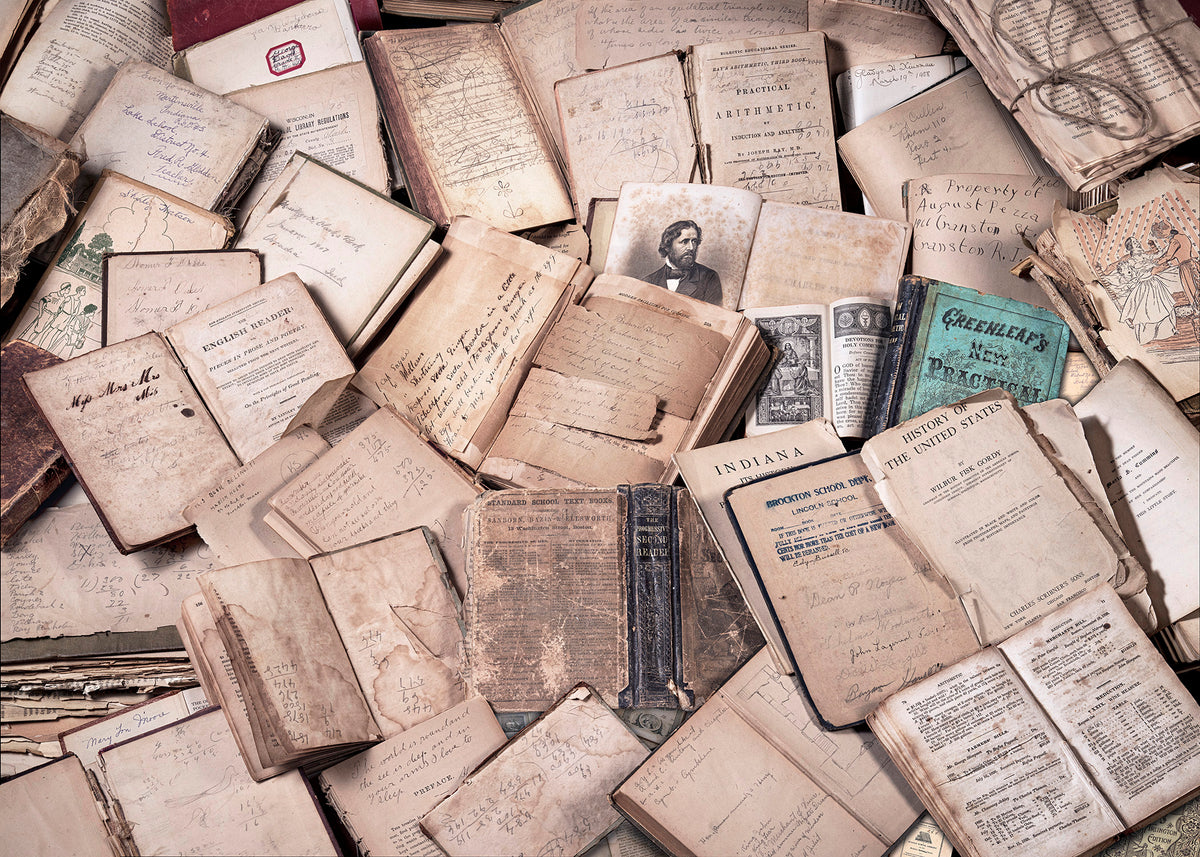 A detailed collage print of overlapping antique open books, revealing 19th-century handwriting, sketches, and weathered paper textures.