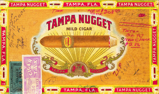 Explore a bold Pop Art print of a vintage Tampa Nugget cigar box lid, capturing historic mid-century commercial design and intimate handwritten notes.