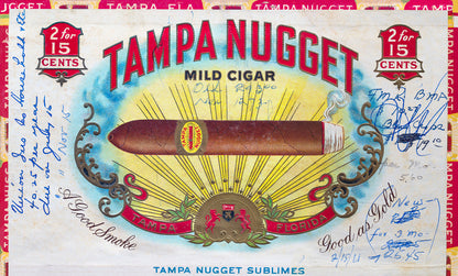 A high-resolution Pop Art print of a vintage Tampa Nugget cigar box lid covered in handwritten notes and ink sketches.
