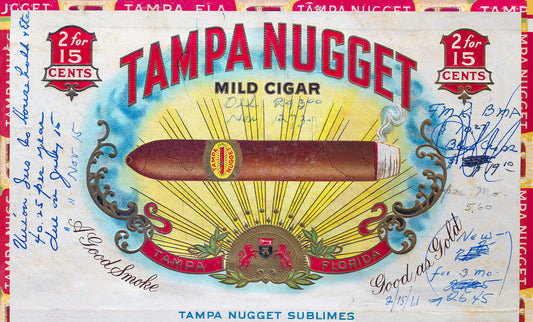 A high-resolution Pop Art print of a vintage Tampa Nugget cigar box lid covered in handwritten notes and ink sketches.